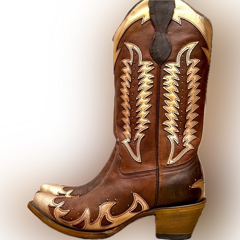 Free People Brown and Gold Western Heeled Boots